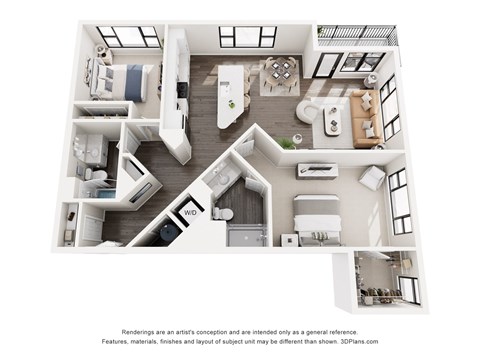 Floor plan for 2 beds, 2 baths, 1275 sqft